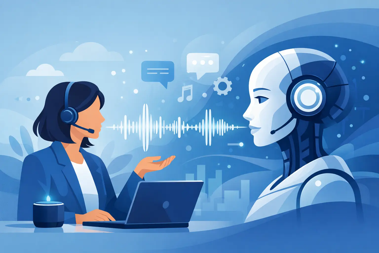 Illustration of an AI voice agent handling a customer phone call with waveform visuals, phone icon, and handoff to a human agent indicator.