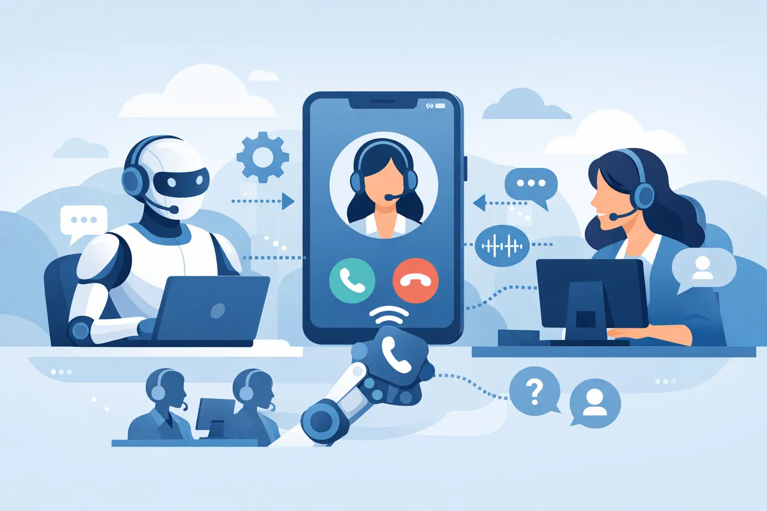 Illustration of a voice waveform and phone next to a support agent representing automated customer support calls reducing wait times and routing to agents.