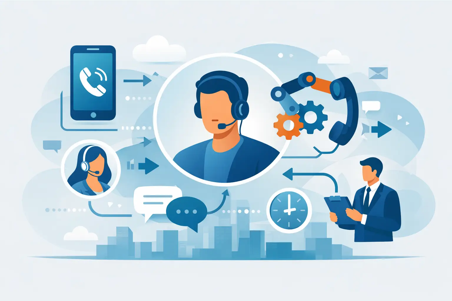 Illustration of an AI voice agent handling inbound customer calls with headset icons, waveform visualization, and a human agent ready for handoff
