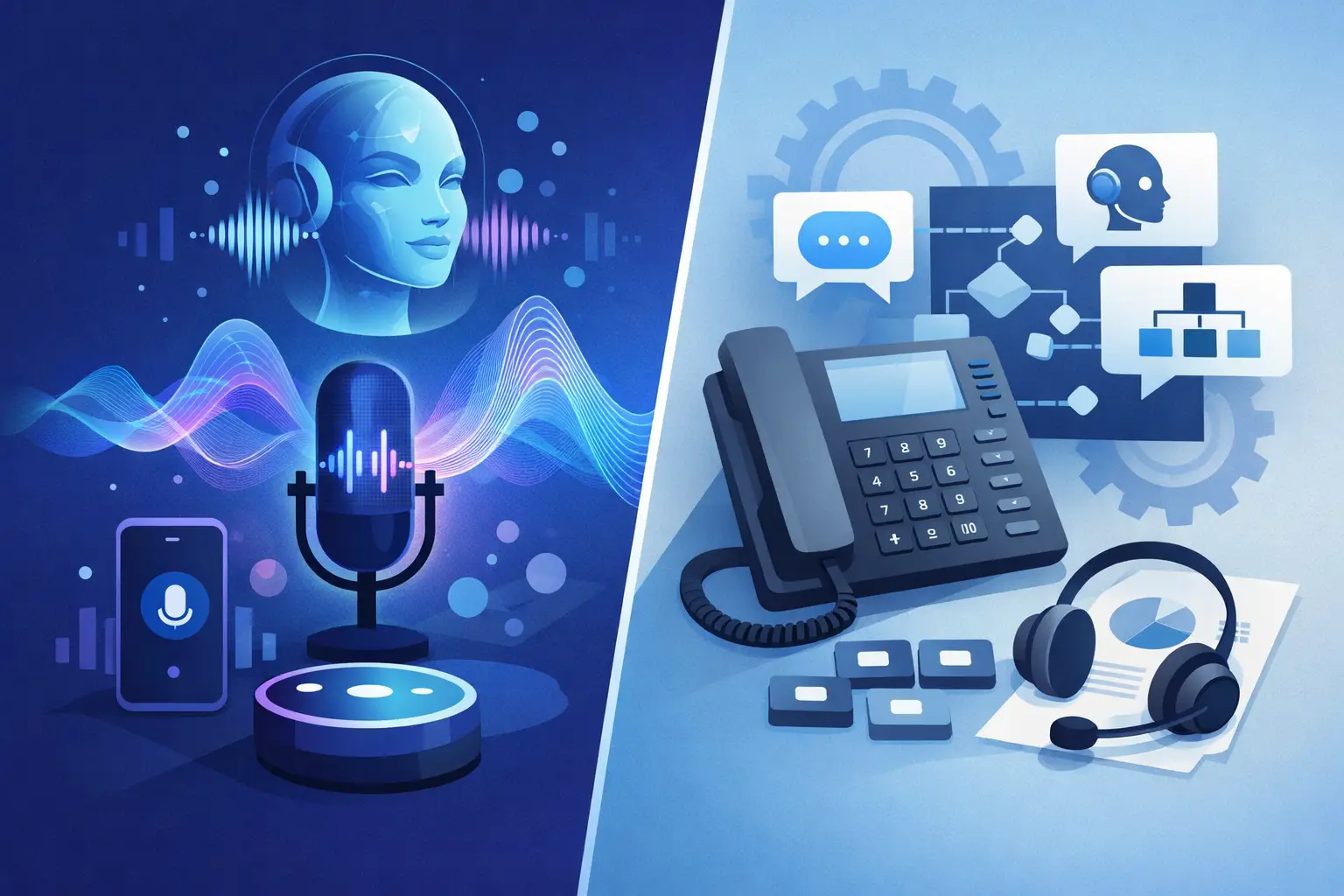 Graphic contrasting a traditional phone menu tree (IVR) with a conversational waveform and chatbot icon representing Voice AI handling customer calls.