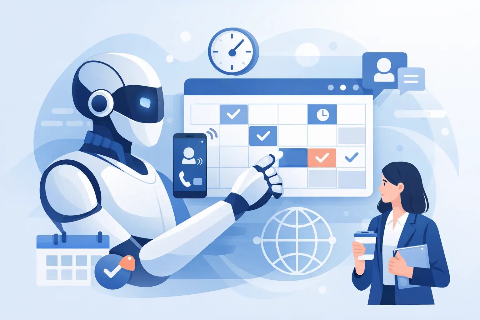 AI voice assistant interacting with a phone and digital calendar to schedule appointments automatically