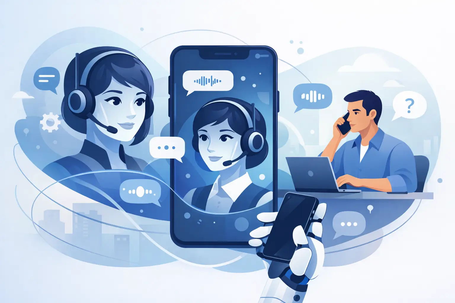Illustration of an AI phone agent handling a live call with waveform, speech bubbles, and CRM integration on screen