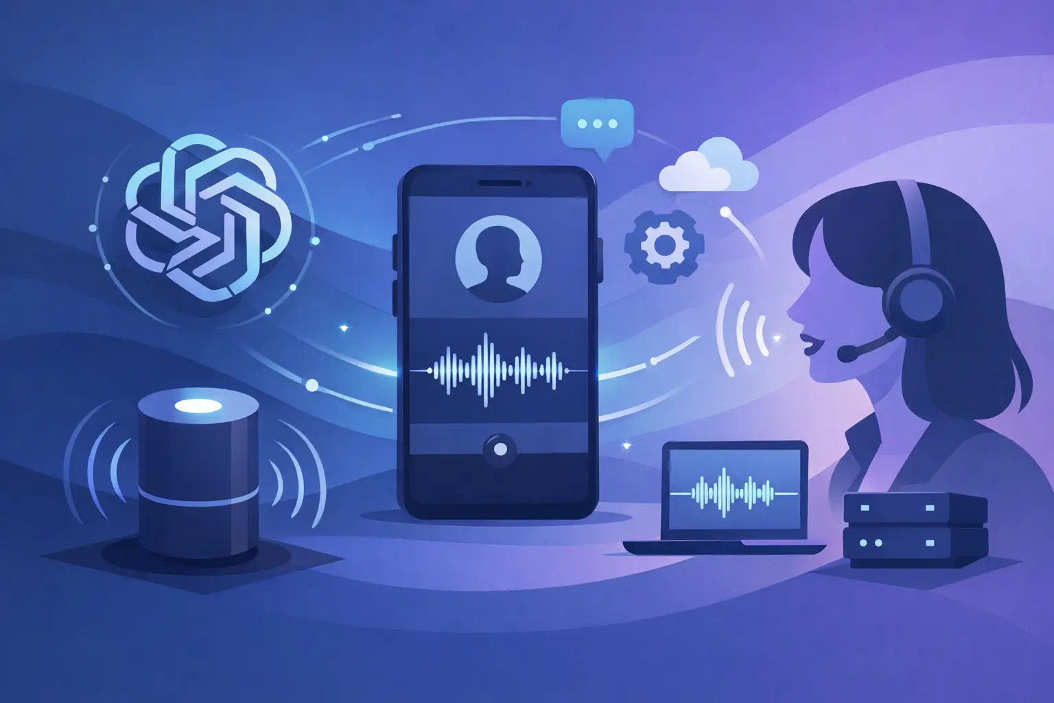 Illustration of a realtime AI voice agent handling a customer call showing waveform, chat bubbles, and integration icons