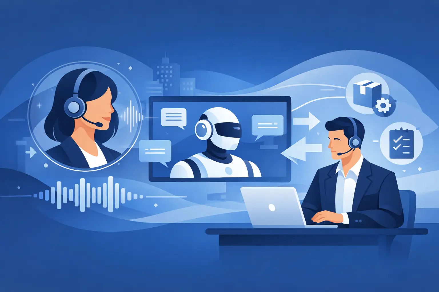 Customer service agent on headset with waveform and phone icons illustrating AI voice agent automating inbound calls