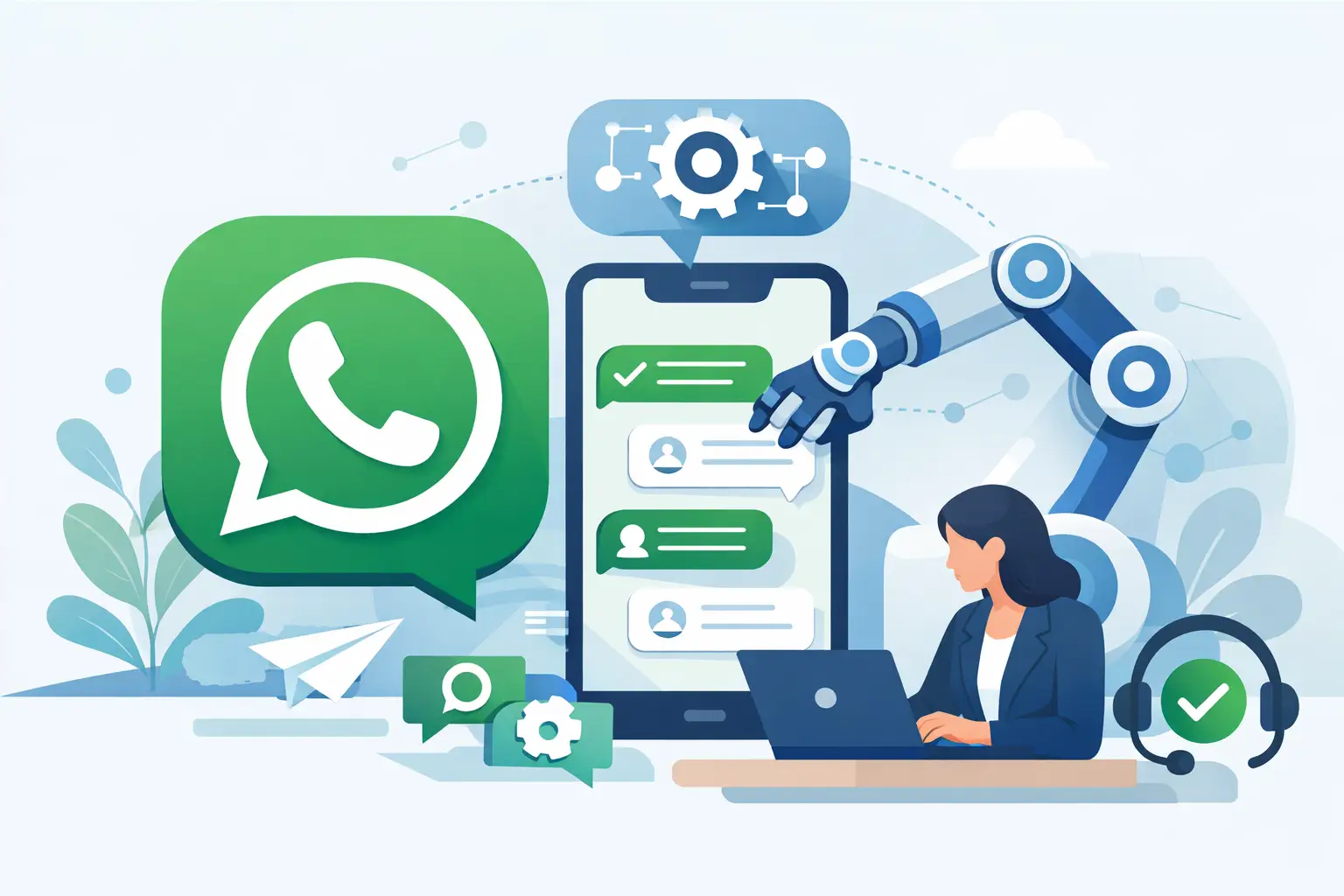 Smartphone showing a WhatsApp conversation with automated replies and workflow icons representing booking, order tracking, and CRM integration for business support
