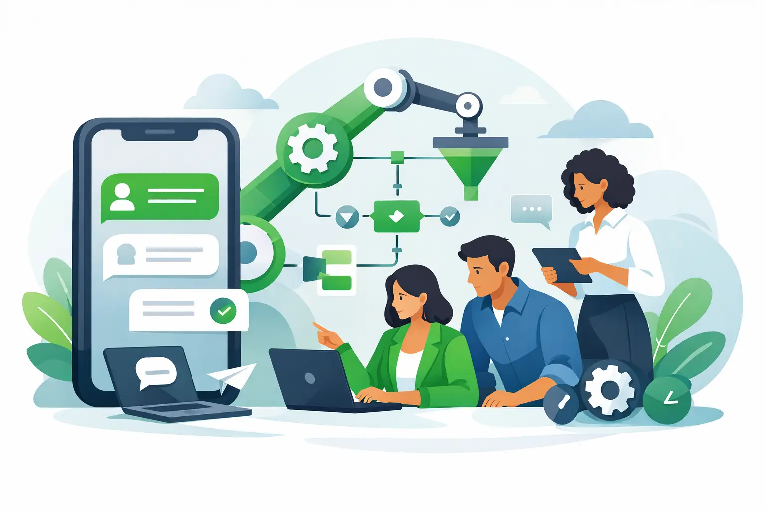 Support team using WhatsApp Business automation dashboard showing workflows, messages, and CRM integration on a laptop screen