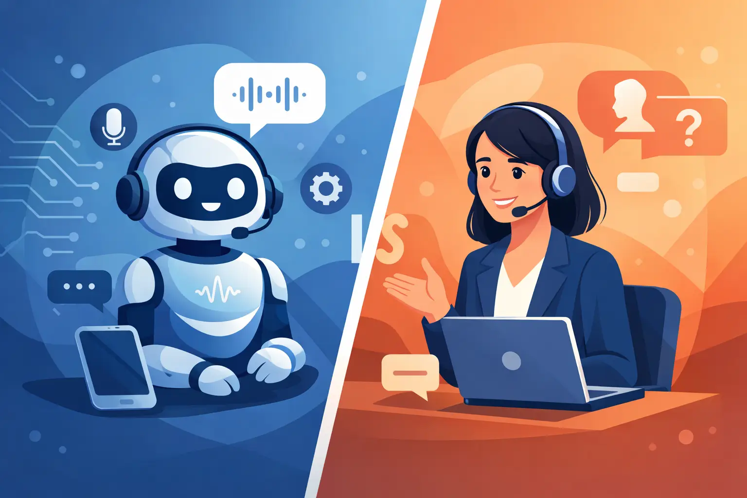 Illustration comparing a robotic voice bot and a live call center agent wearing headsets to represent voice automation versus human support.