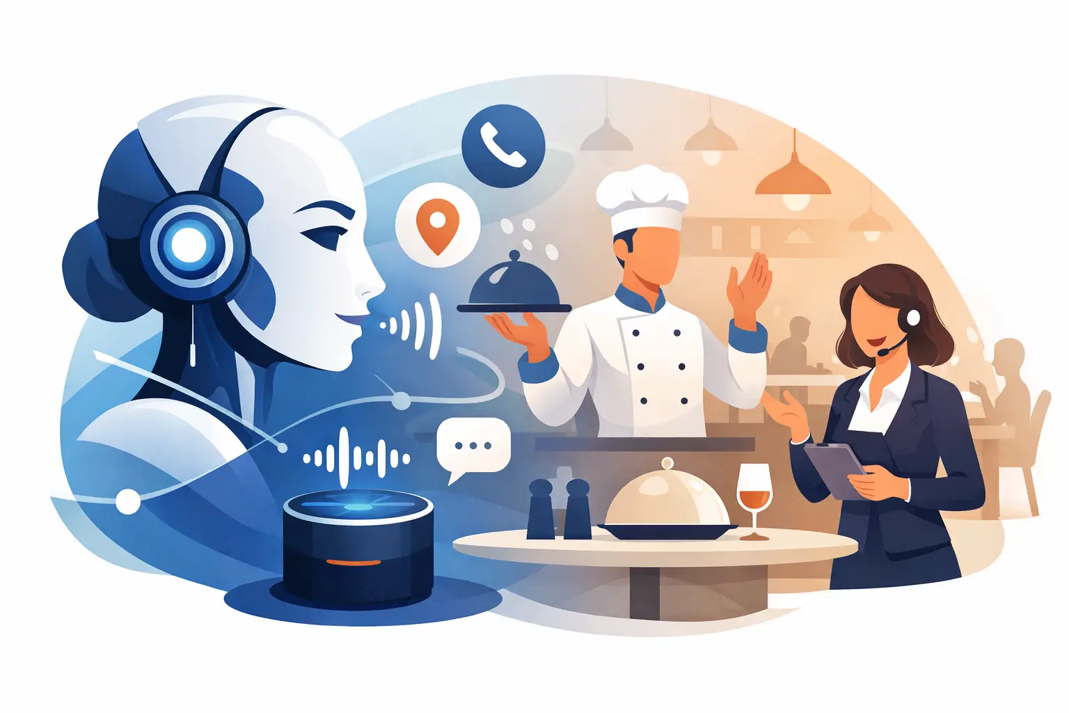 Restaurant host juggling ringing phones with an overlaid AI waveform graphic symbolizing an AI voice agent handling calls and reservations