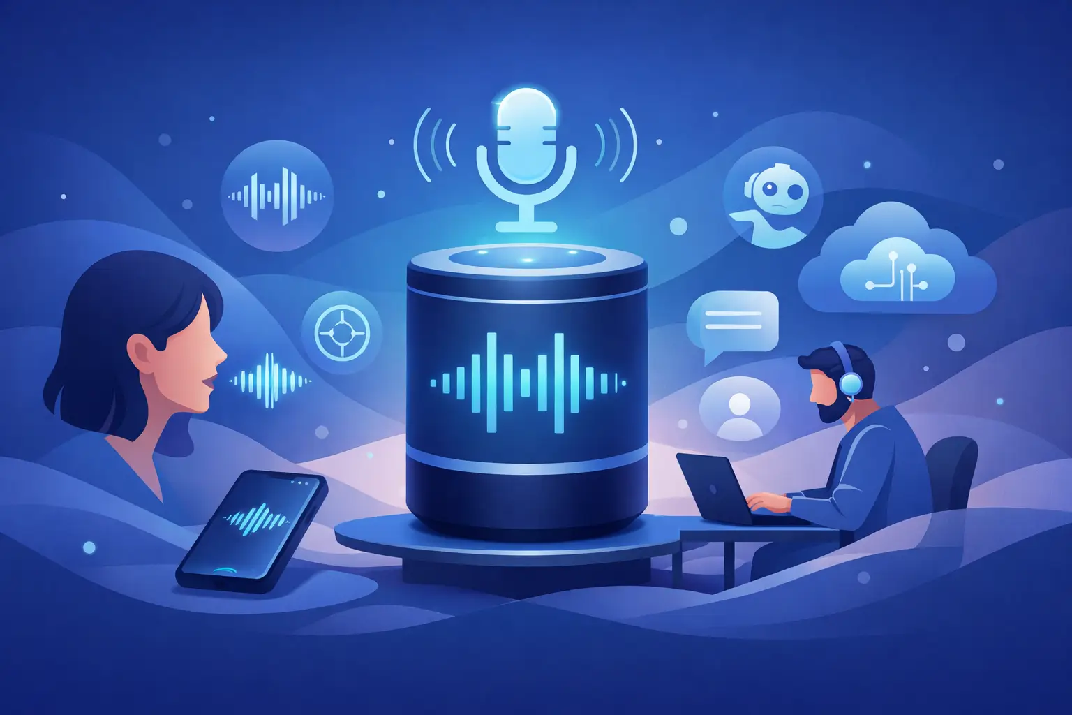 Illustration of a voice AI assistant handling business phone calls with a waveform and phone icons