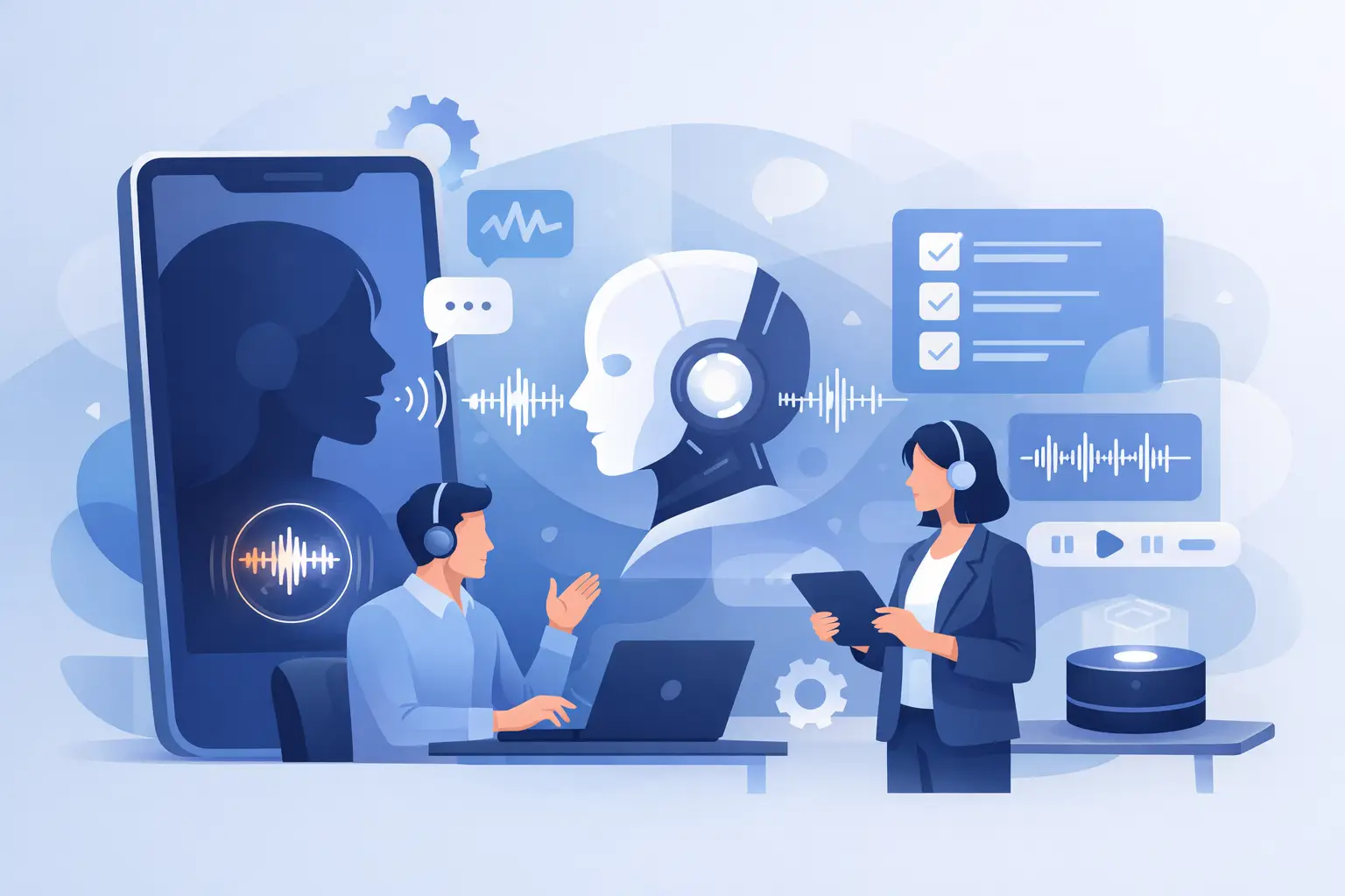 Engineer reviewing AI voice agent call analytics dashboard showing latency, task completion, and transfer metrics while testing live call scenarios