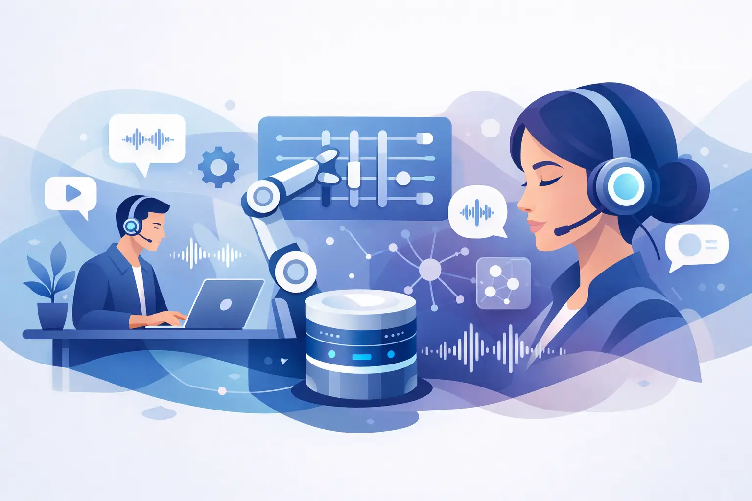 Illustration of an AI voice agent handling a customer call with headset, waveform overlay, and UI elements showing appointment and order data