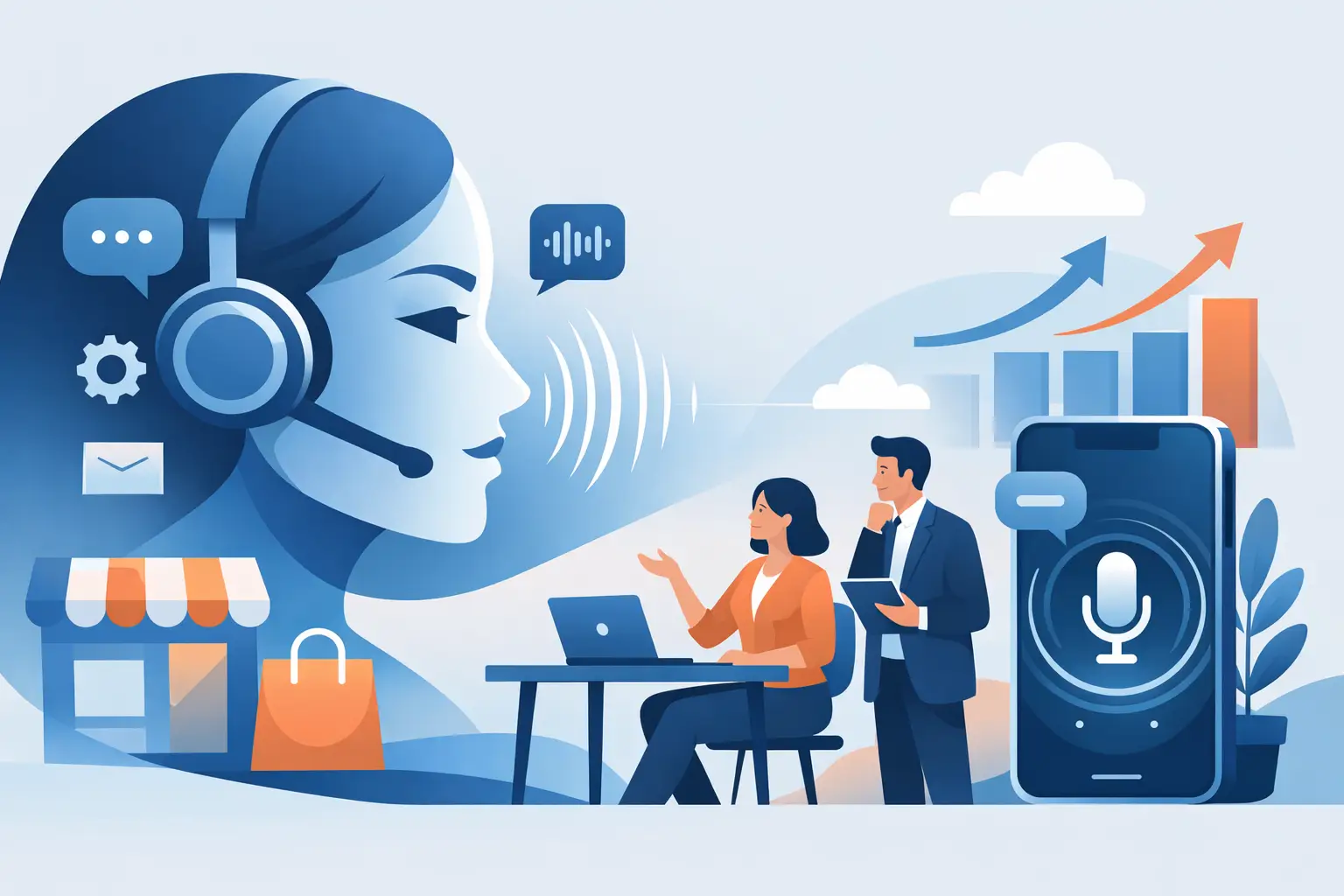 Illustration of an AI voice agent handling a small business phone call with icons for calendar, chat, and customer support
