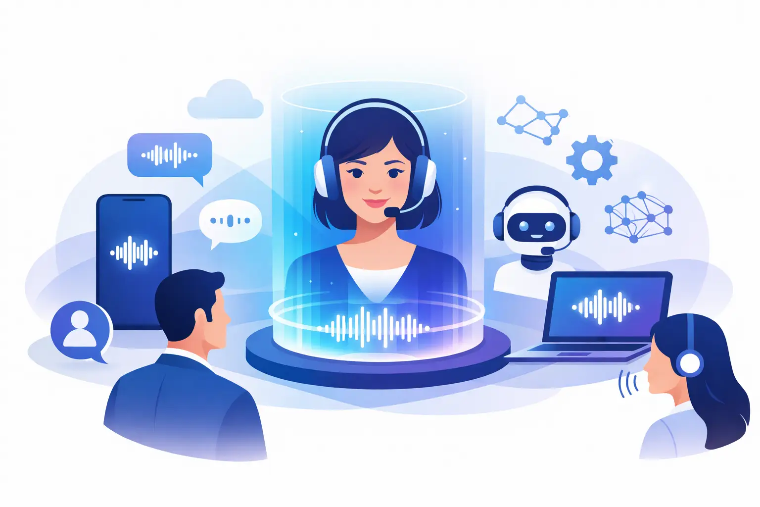 Graphic of an AI voice agent handling a phone call with waveform, chatbot icon, and human agent to illustrate conversational voice AI and telephony integration