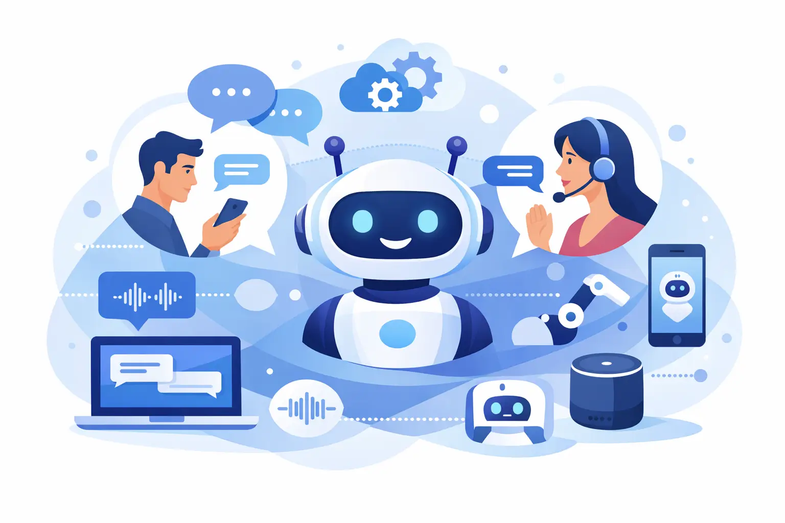 Graphic showing conversational AI connecting voice and chat channels to automate customer support and sales workflows