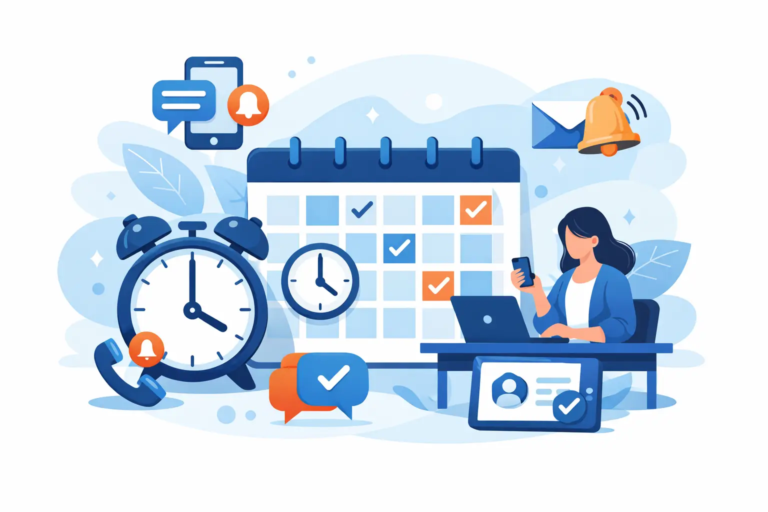 Graphic showing appointment reminders across SMS, email, and voice helping healthcare and service businesses reduce no-shows and manage schedules