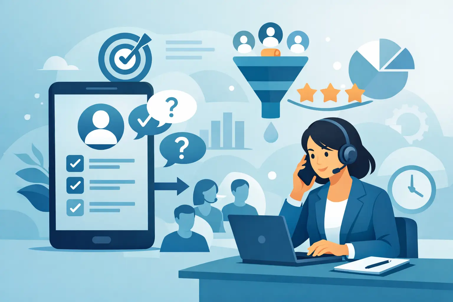 Customer-facing sales rep on a headset qualifying a lead by phone with a laptop and checklist visible