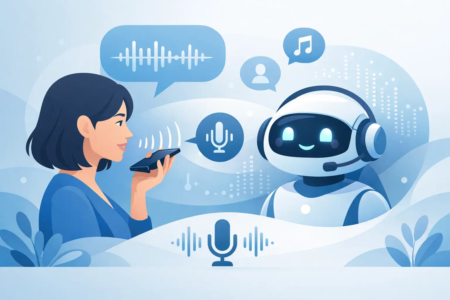 Person speaking on a phone with stylized audio waveforms and an AI voice bot interface overlay representing natural conversational automation