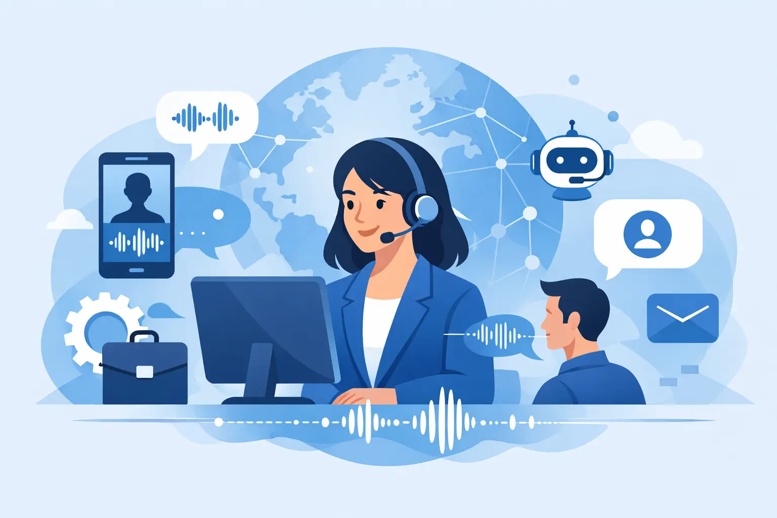 Illustration of an AI voice agent handling business calls with a headset, voice waveform, and connected app icons
