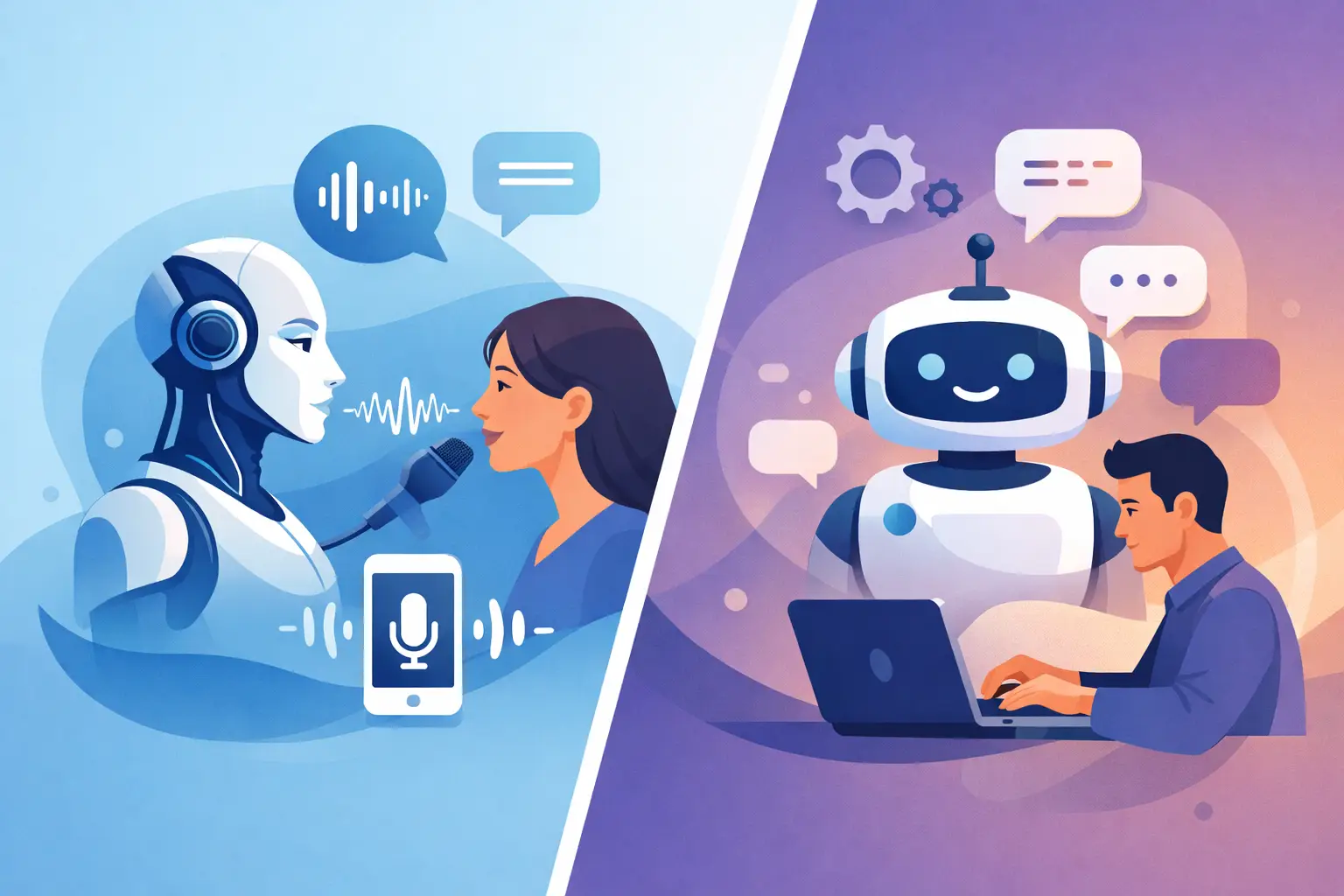 Illustration comparing speech-to-speech AI and chatbots with phone and chat icons, arrows showing real-time voice flow versus typed messaging workflows.