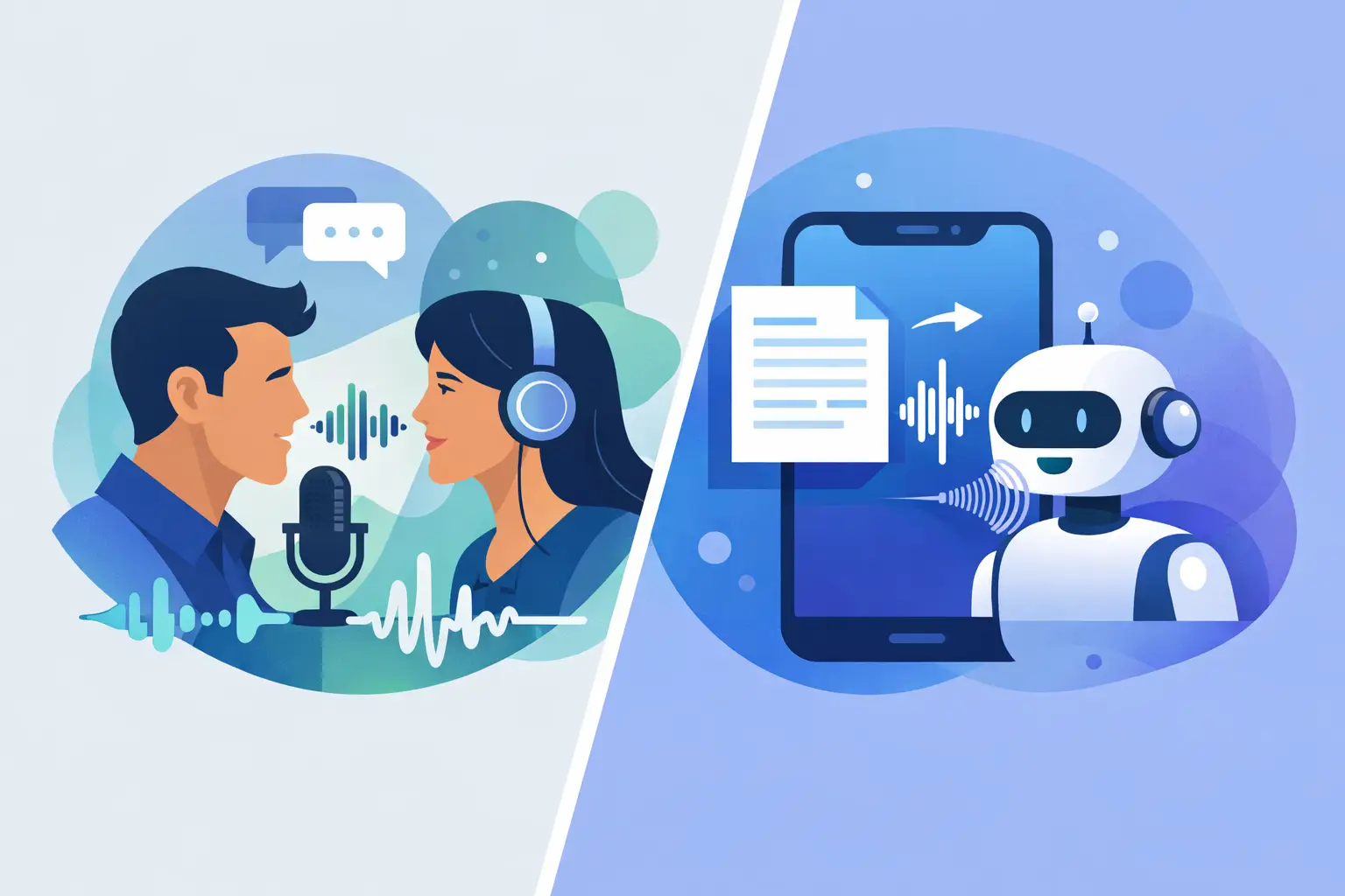 Comparison illustration of speech-to-speech versus text-to-speech for customer calls, showing live audio waveforms and scripted text being read aloud