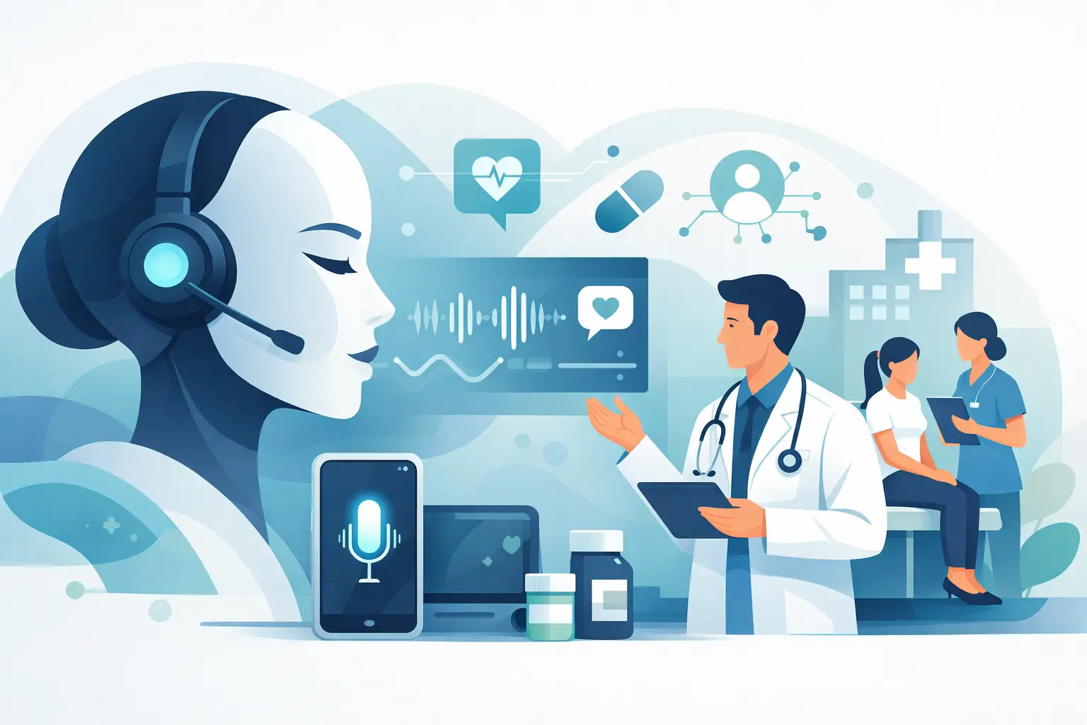 Reception phone with a glowing AI waveform overlay symbolizing an AI voice agent handling patient calls for scheduling and routing