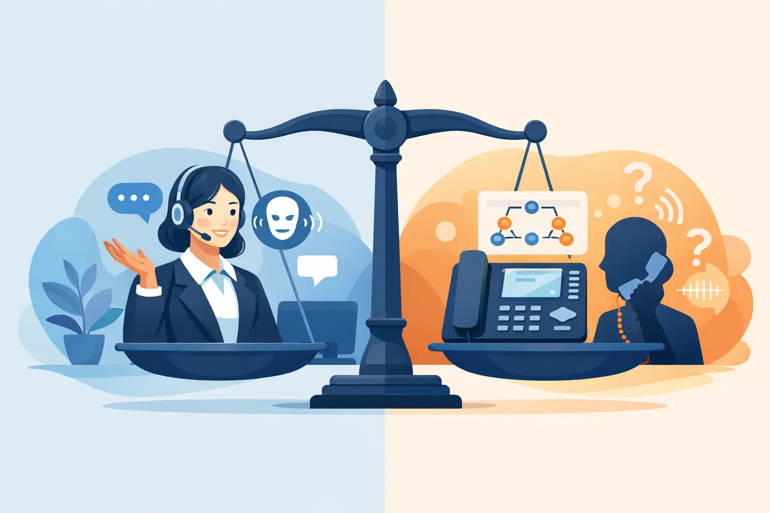 Split image comparing an AI receptionist (waveform and chatbot icon) with a traditional IVR menu and keypad, illustrating conversational call handling versus menu-based routing