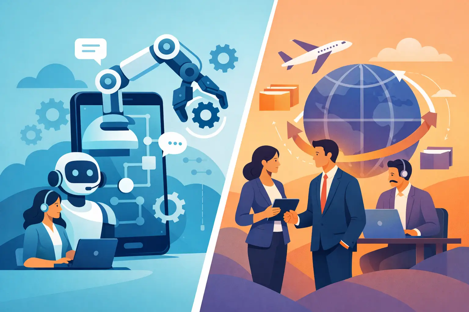 Comparison illustration of AI voice agent phone automation versus outsourced call center for customer support and sales