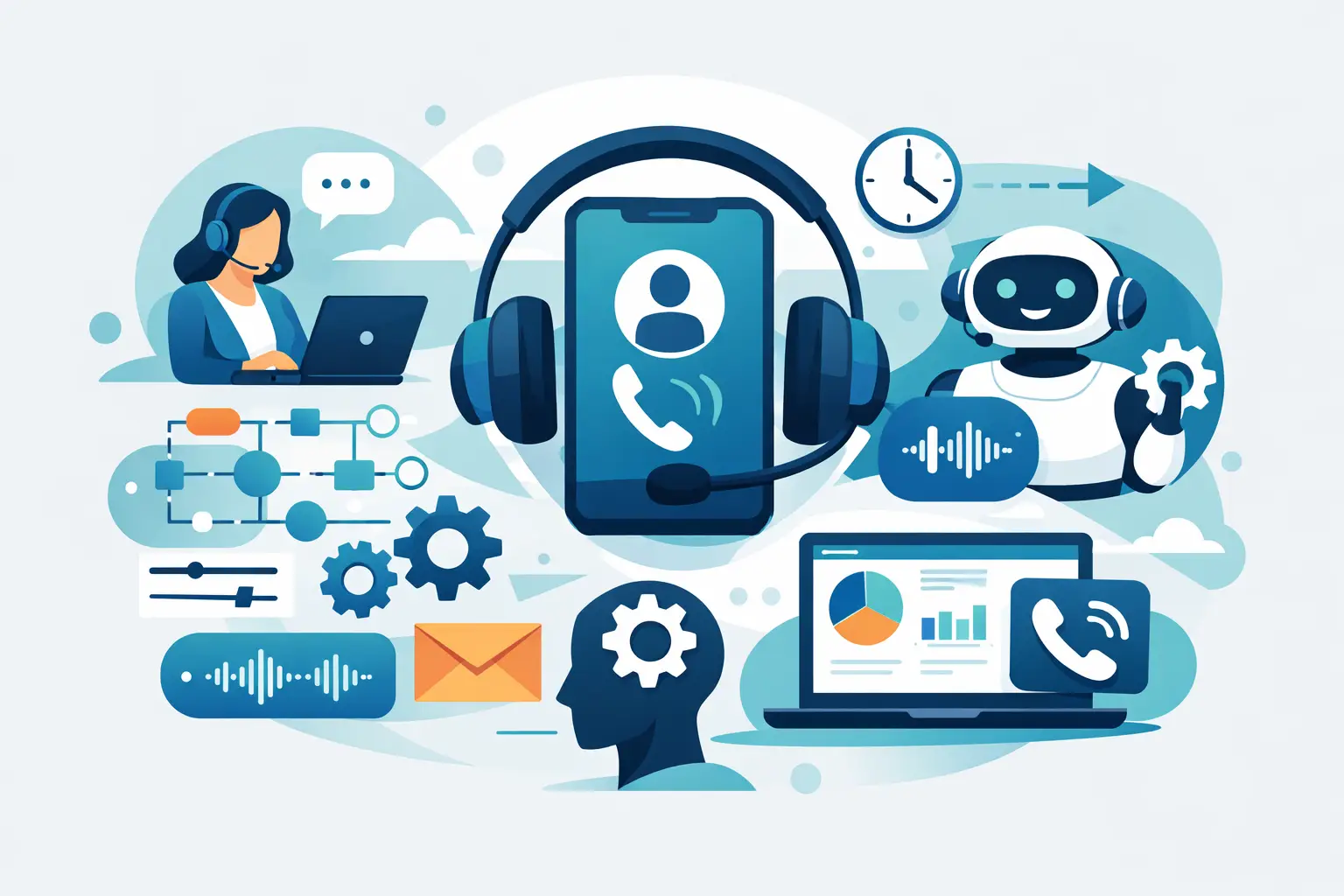 Conceptual illustration of an automated inbound call flow showing AI voice assistant handling calls and routing to human agents with CRM and calendar integrations.