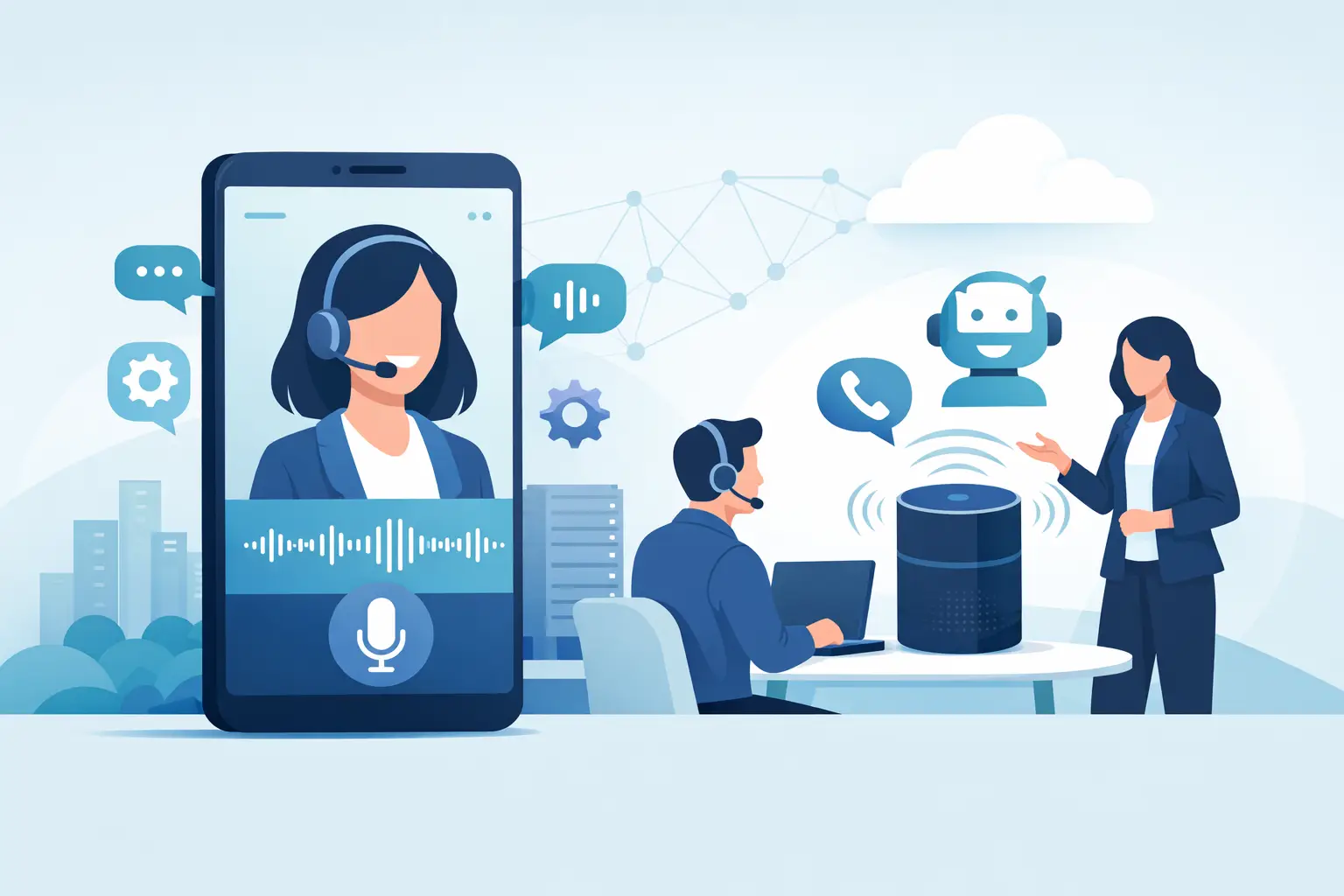 Illustration of a voice agent handling customer calls with telephony and integration icons representing CRM, calendar, and ticketing