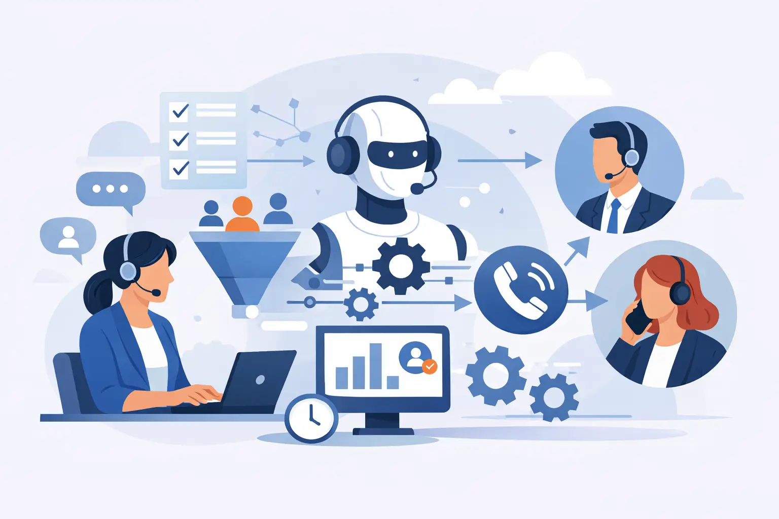Dashboard illustration of an AI voice agent handling inbound lead calls and routing qualified leads to sales representatives