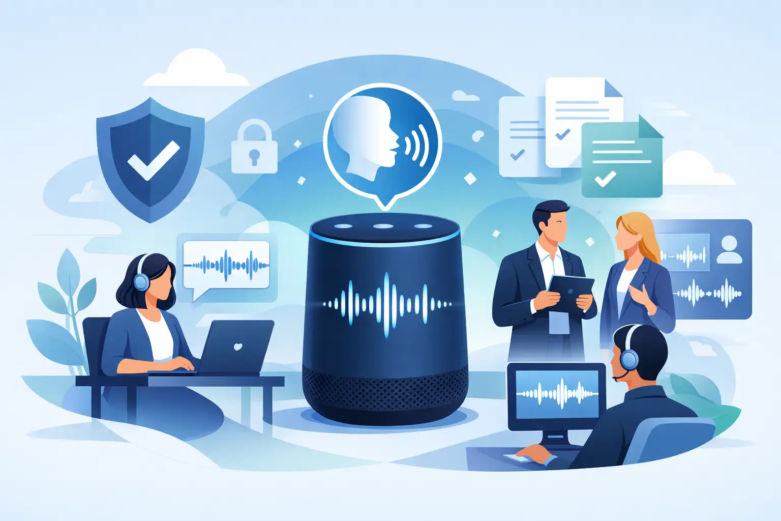 Illustration of a customer phone call handled by a voice AI with compliance icons for consent, recording, and data protection