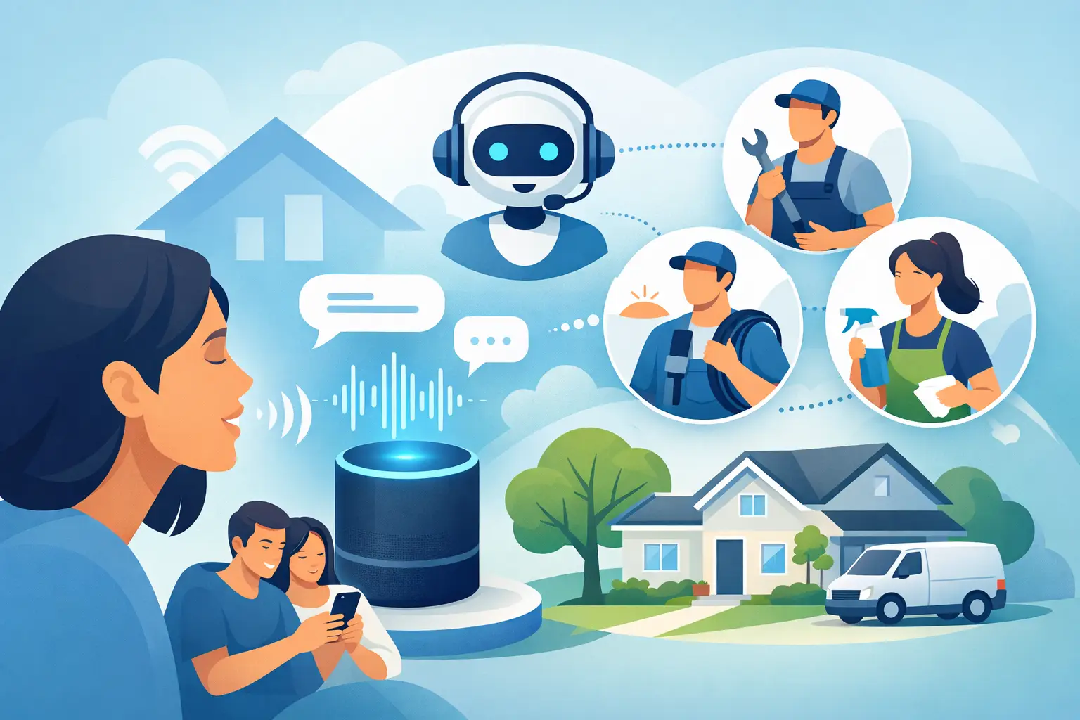 Smartphone showing a conversational waveform, calendar and dispatch icons representing an AI voice agent booking a home service appointment