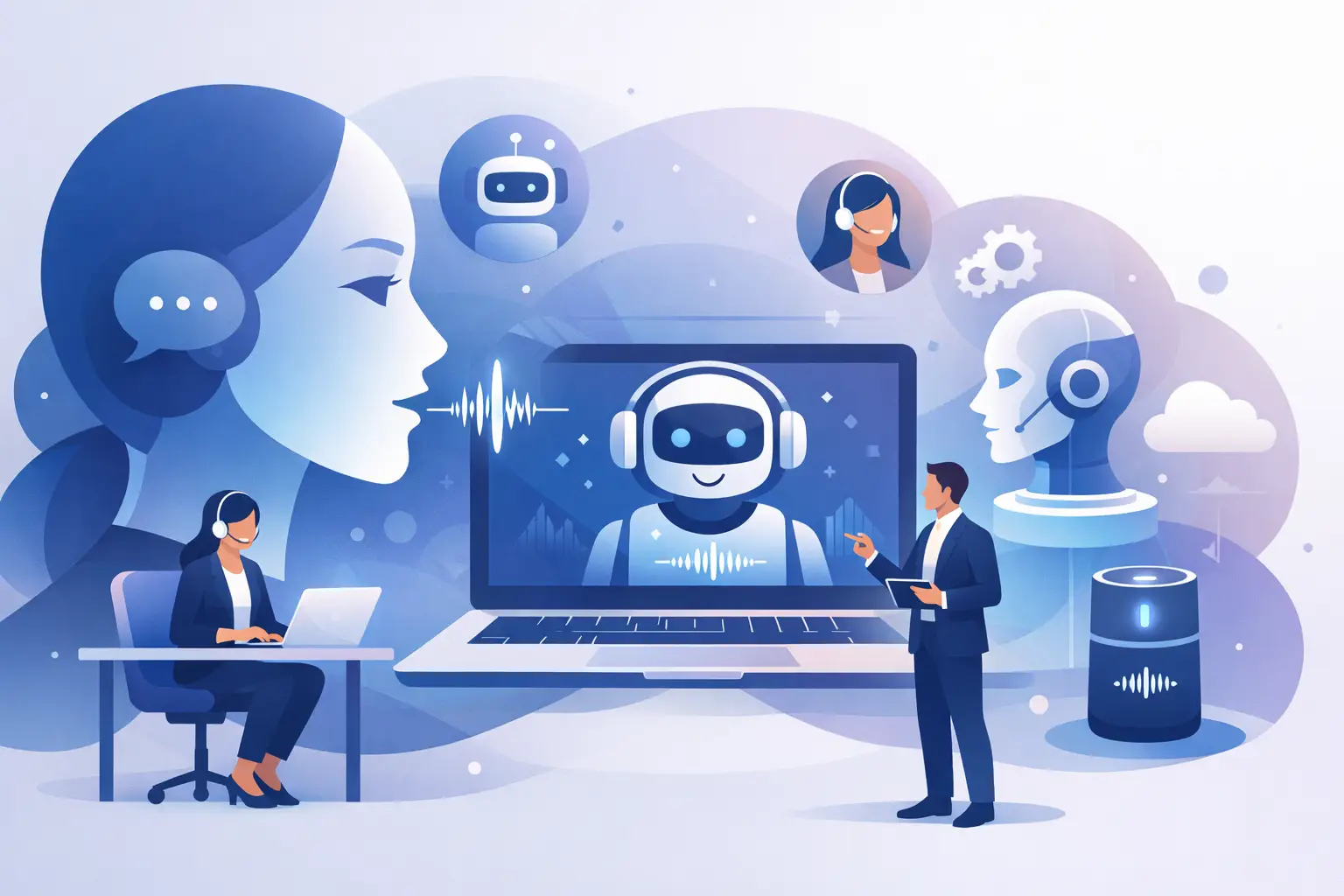 Illustration of an AI voice agent handling business phone calls with a headset, waveform and integration icons representing CRM and workflows