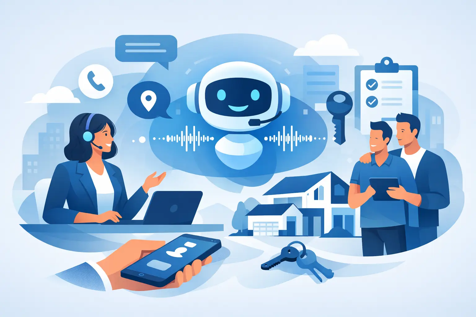 Illustration of an AI voice agent handling a real estate phone call with a smartphone, audio waveform, and calendar appointment being scheduled