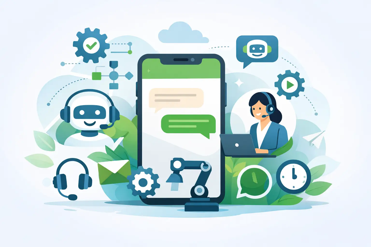 WhatsApp chat interface with automation icons and support workflow illustrations showing agent handoff and chatbot responses