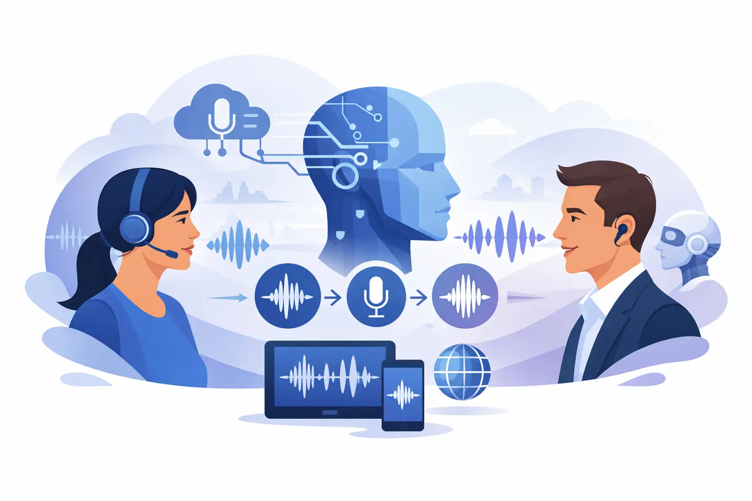 Abstract illustration of a speech-to-speech AI handling a customer phone call with waveform and integration icons for CRM, calendar, and telephony