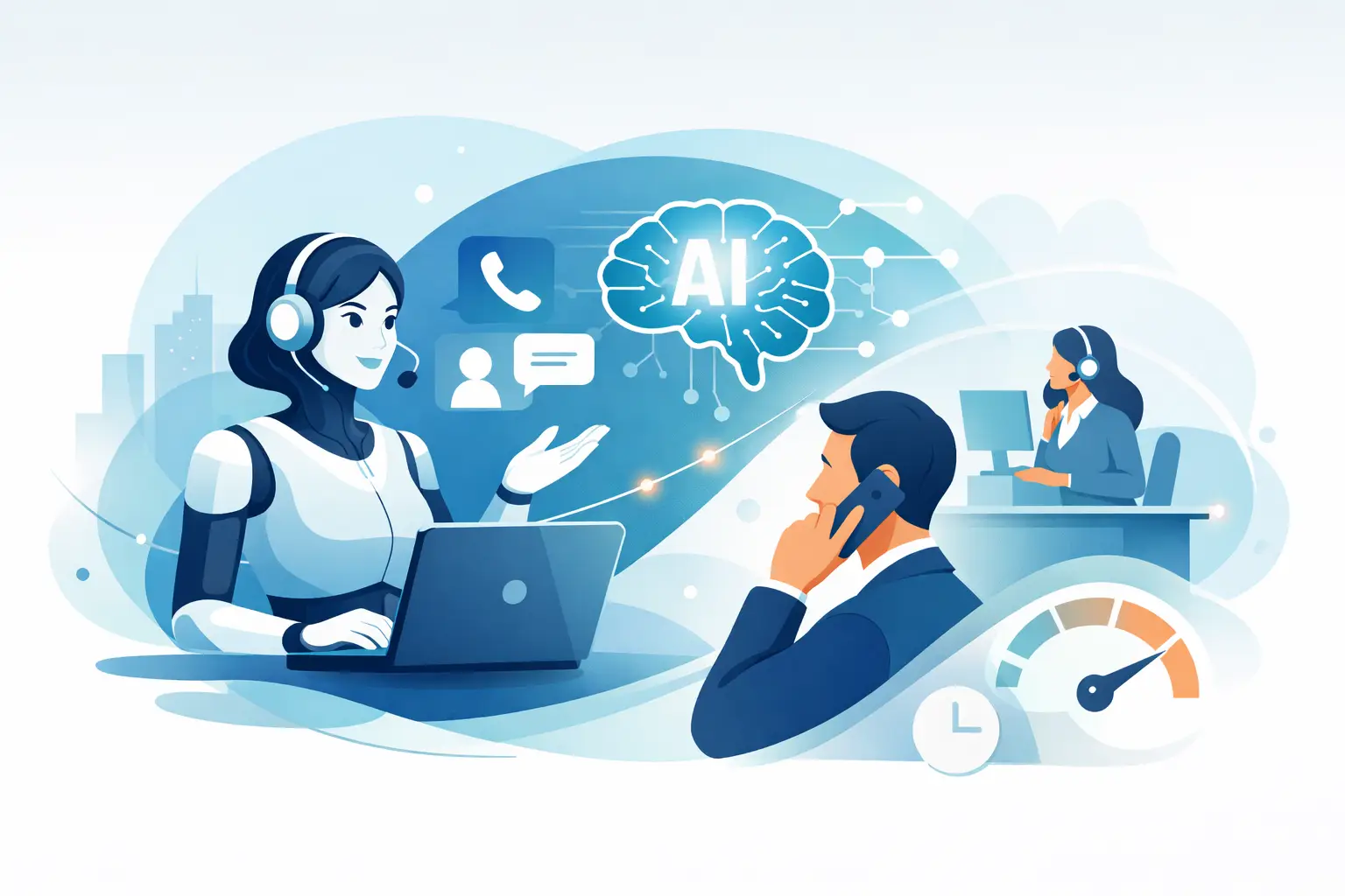Representative image of an AI-powered receptionist handling a caller with a human agent and dashboard showing call details