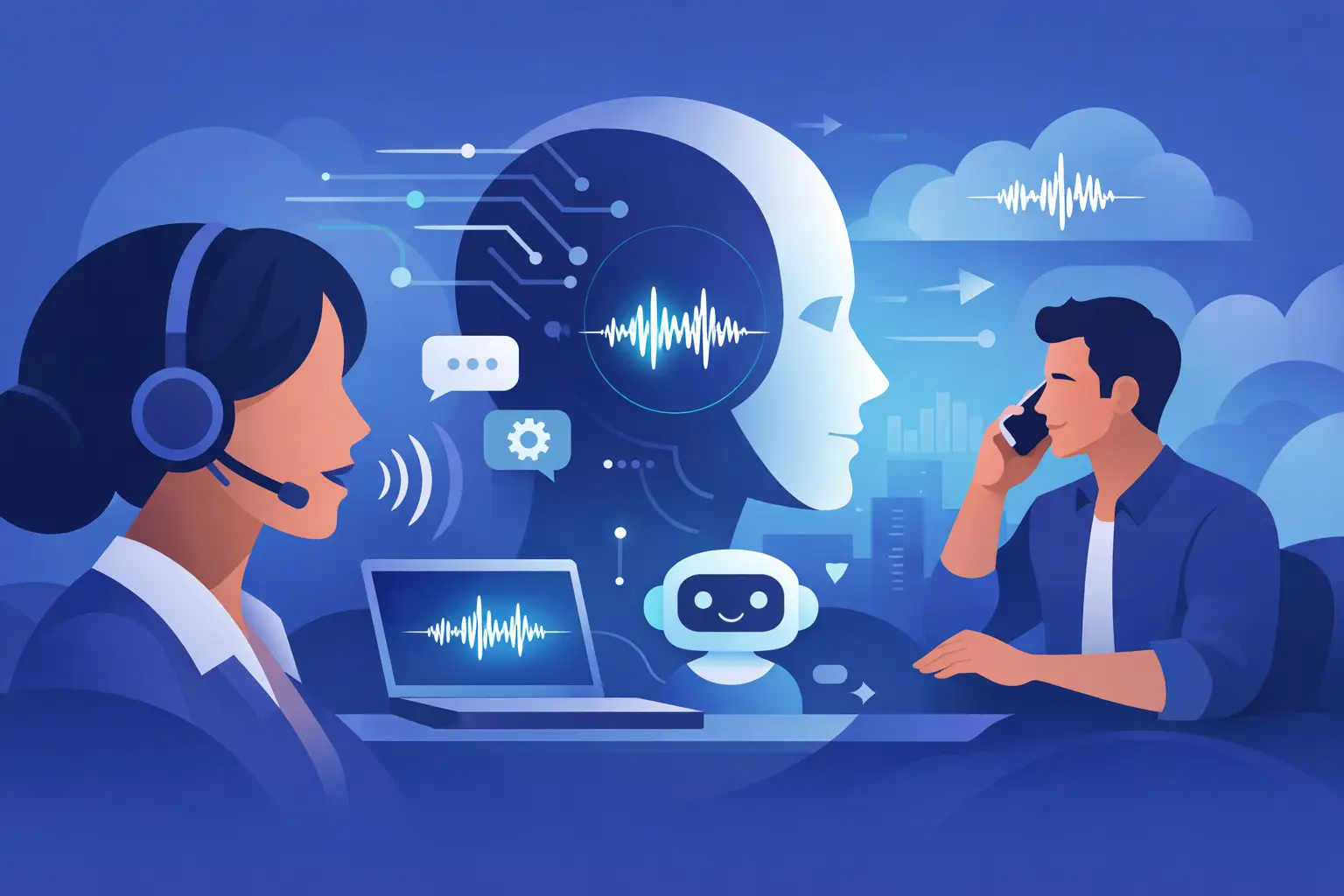 Illustration of a phone call waveform and AI avatar representing low-latency, interruption-aware voice AI handling customer calls