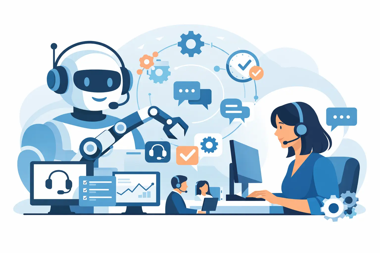 AI-powered call center flow showing a voice agent connecting to CRM and a smooth human handoff