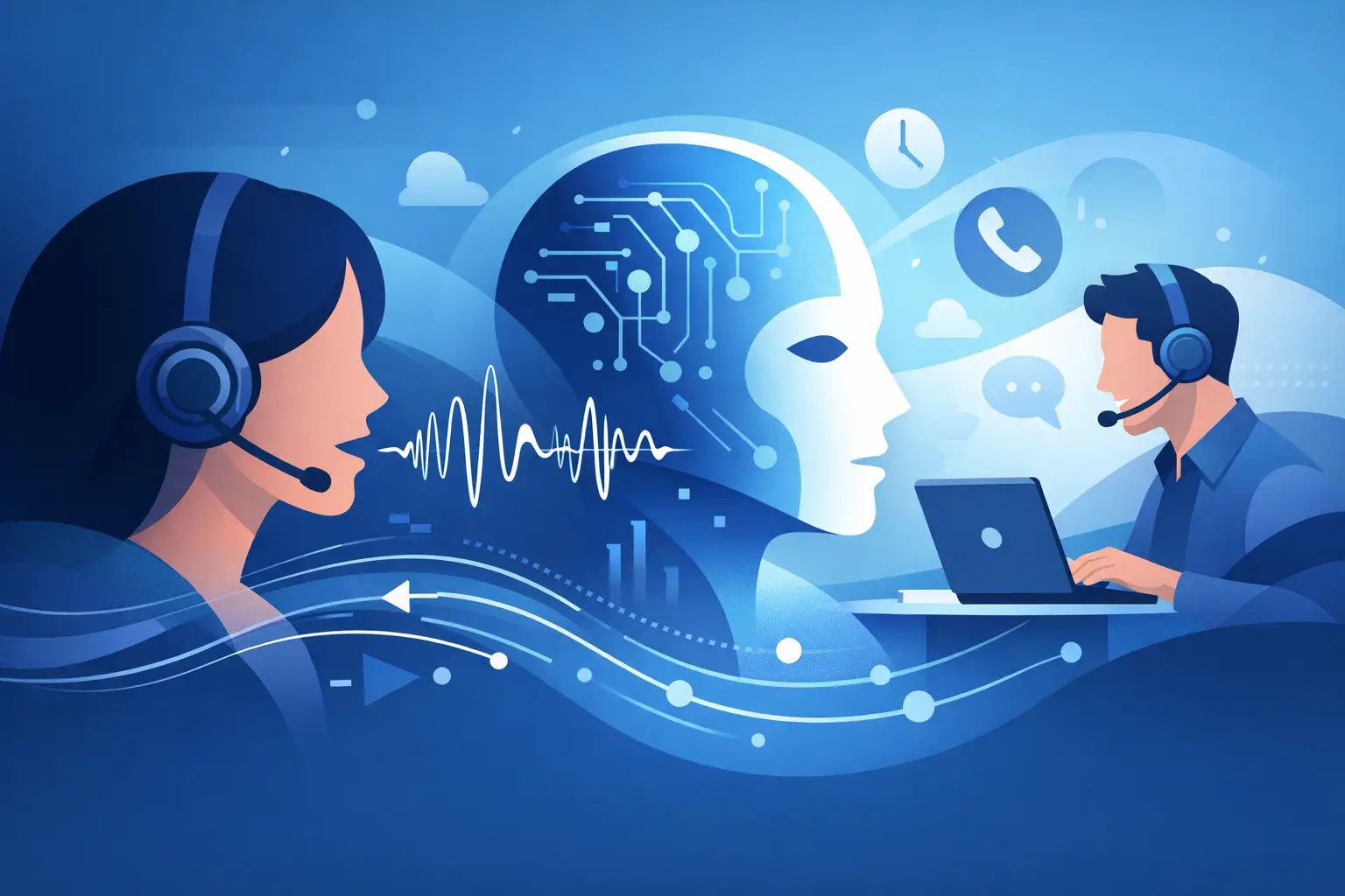 Illustration of a real-time voice AI call showing minimal pause and seamless audio response on a mobile device