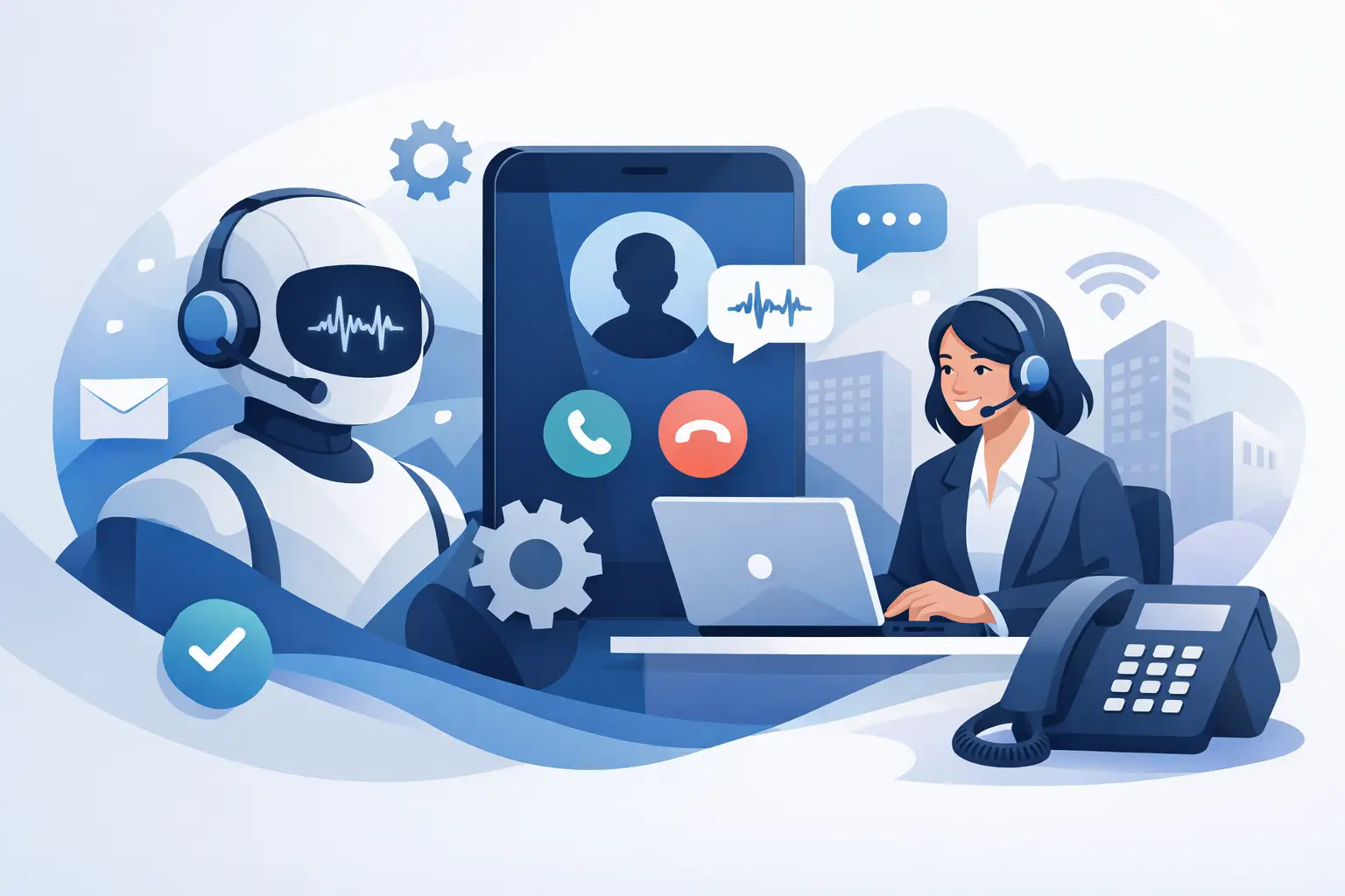 Illustration of an AI voice assistant answering business phone calls with waveform, smartphone, and customer service icons