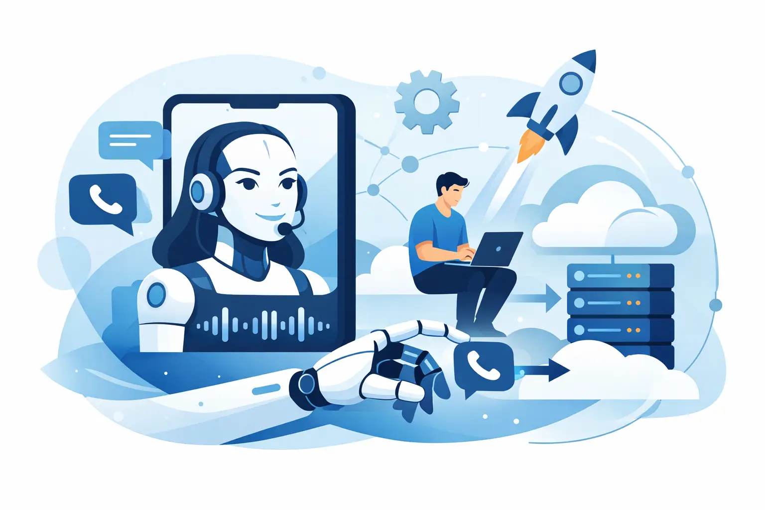 Illustration of an AI phone agent handling calls, booking appointments, and updating CRM and calendar integrations