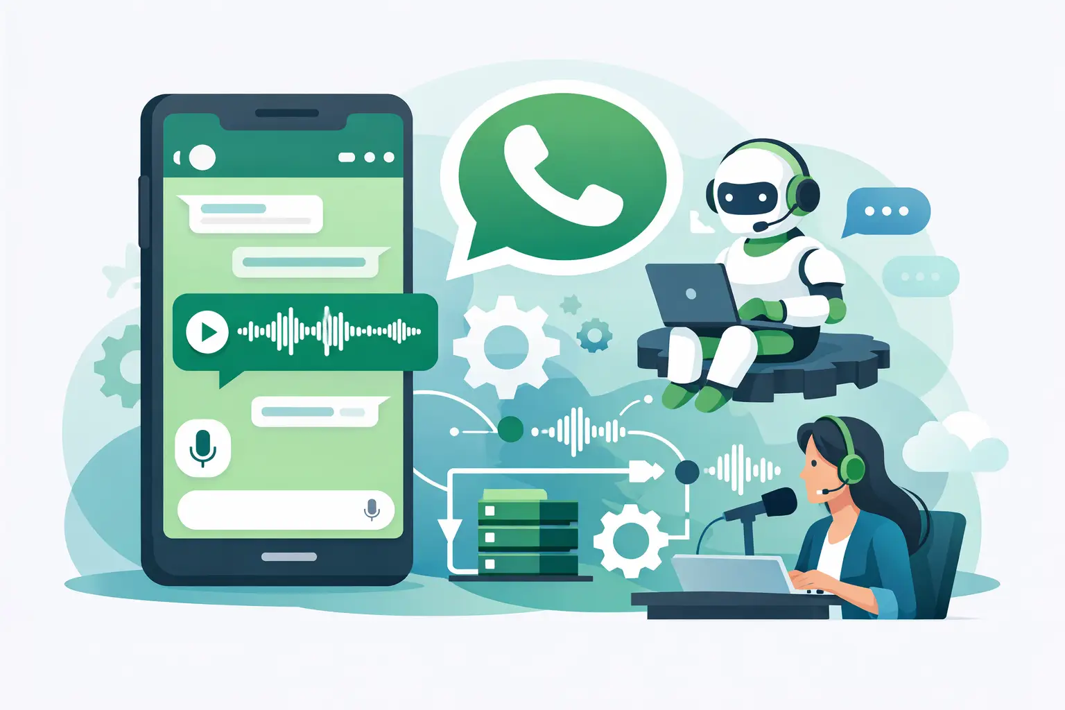 WhatsApp chat bubble with audio waveform and flowchart icons illustrating voice automation, integrations, and human handoff.